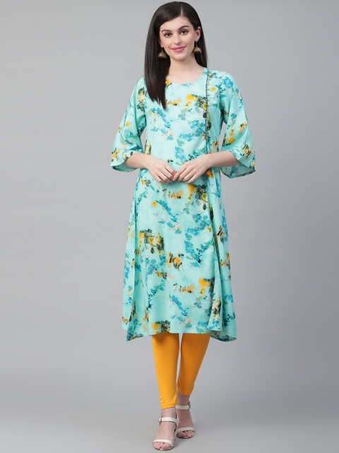 

Shree Women Blue & Yellow Floral Printed A-Line Kurta
