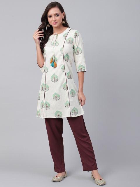 

Shree Women Off-White & Brown Ethnic Printed Kurta with Trousers
