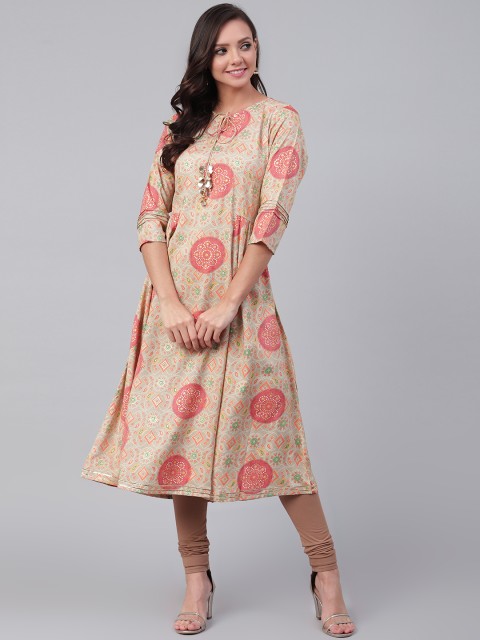 

Shree Women Beige & Orange Bandhani Print A-Line Kurta