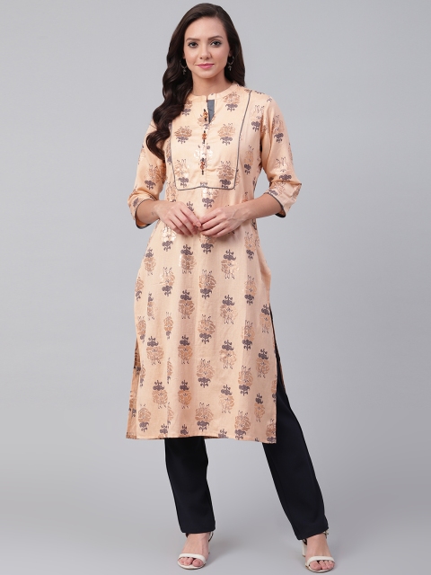 

Shree Women Peach-Coloured & Brown Printed Straight Kurta