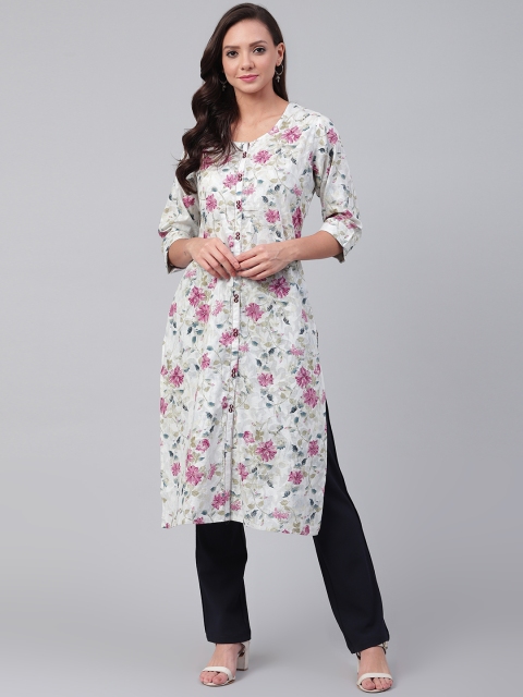 

Shree Women Off-White & Pink Floral Print Straight Kurta