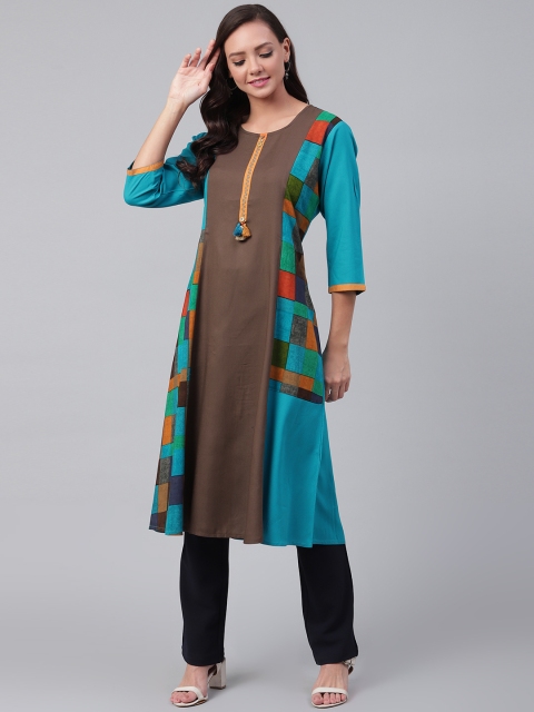 

Shree Women Turquoise Blue & Coffee Brown Colourblocked A-Line Kurta