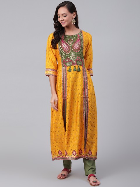 

Shree Women Mustard Yellow & Olive Green Printed Kurta with Trousers
