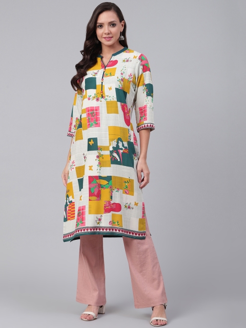 

Shree Women White & Mustard Yellow Printed Straight Kurta