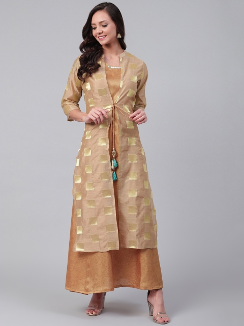 

Shree Women Beige & Golden Jacquard Woven Design Layered A-Line Kurta