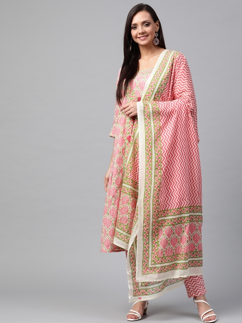 

Shree Women Coral Pink & White Printed Kurta with Trousers & Dupatta