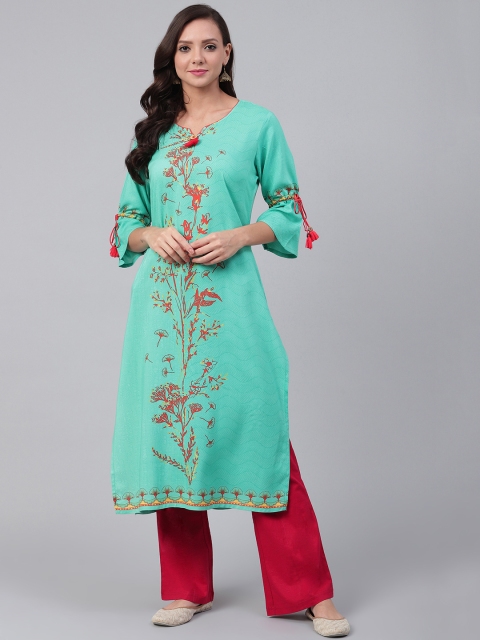 

Shree Women Green & Red Floral Print Straight Kurta