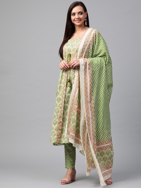 

Shree Women Green & White Printed Kurta with Trousers & Dupatta