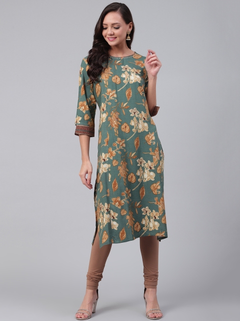 

Shree Women Green & Mustard Yellow Floral Print Straight Kurta