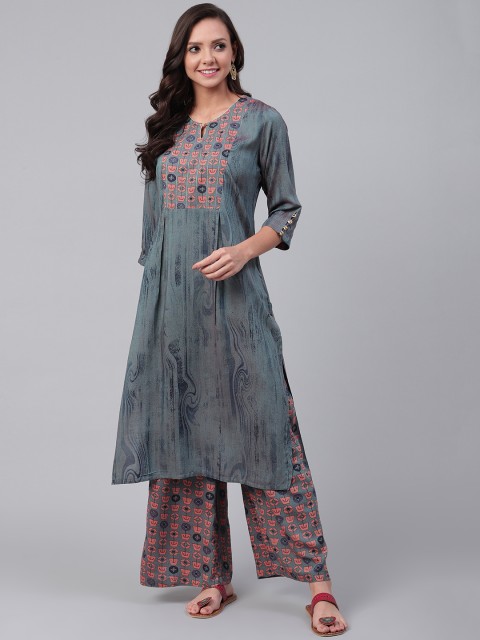 

Shree Women Charcoal Grey & Pink Printed Kurta with Palazzos