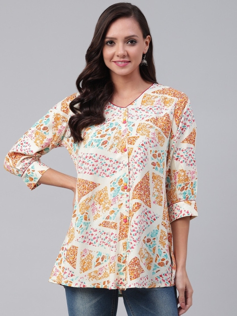 

Shree Women's Off-White & Orange Liva Printed Tunic