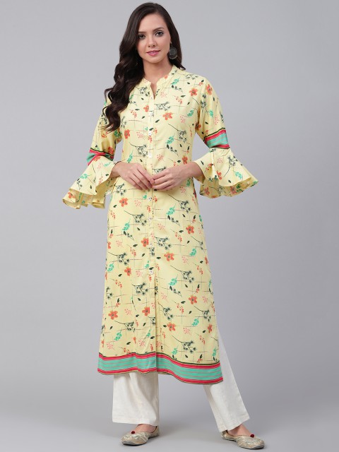 

Shree Women Yellow & Orange Floral Print Bell Sleeves Straight Kurta
