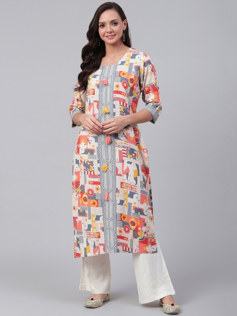 

Shree Women White & Blue Abstract Print Straight Kurta