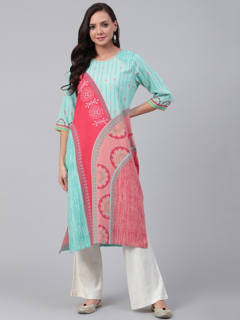 

Shree Women Green & Pink Printed Straight Kurta