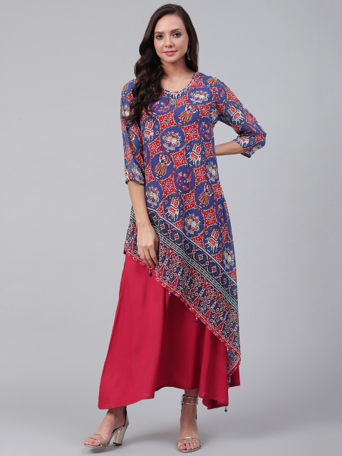 

Shree Women Blue & Maroon Printed Layered Asymmetric Maxi Dress