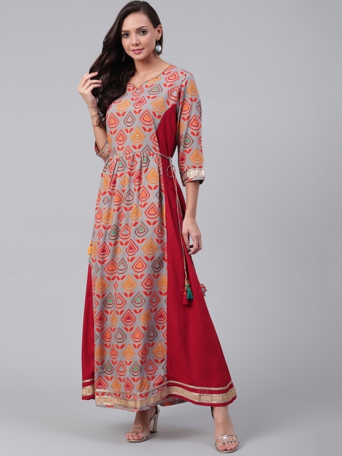 

Shree Women Grey & Rust Red Printed Maxi Dress