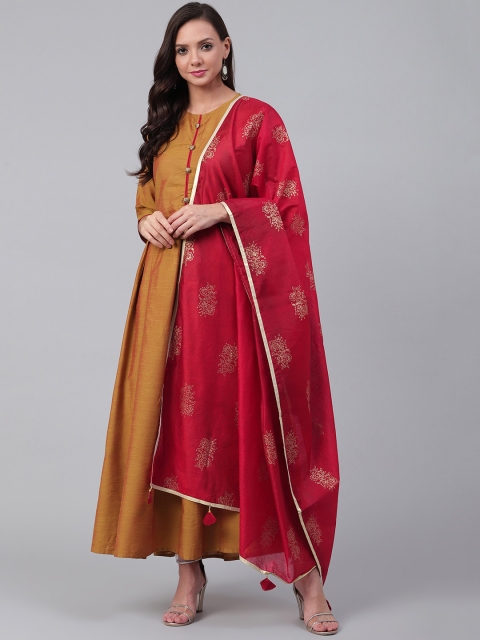 

Shree Women Mustard Yellow Solid Maxi Dress With Dupatta