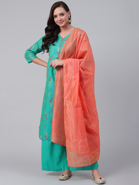 

Shree Women Green & Peach-Coloured Printed Kurta with Palazzos & Dupatta