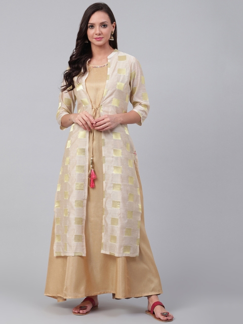 

Shree Women Off-White & Beige Jacquard Weave Layered A-Line Kurta