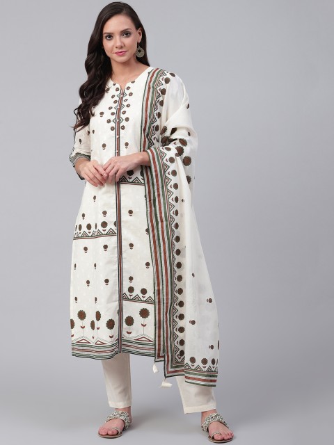 

Shree Women Off-White & Brown Printed Kurta with Trousers & Dupatta
