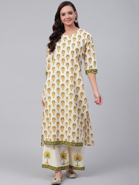 

Shree Women Off-White & Yellow Printed Kurta with Palazzos
