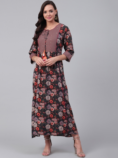 

Shree Women Charcoal Grey & Orange Floral Printed Panelled Maxi Dress