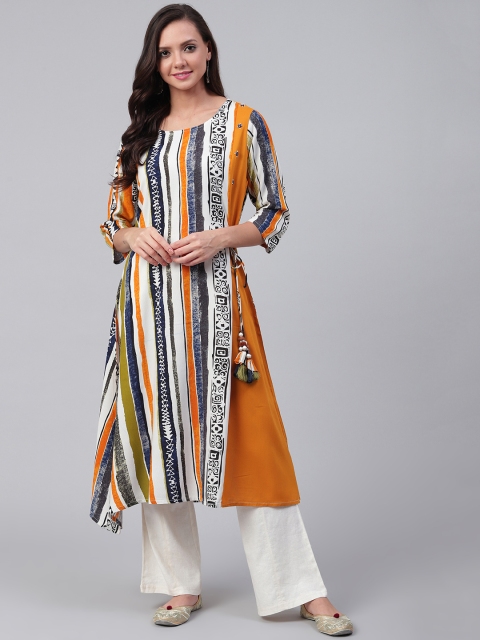 

Shree Women Mustard Yellow & Off-White Asymmetrical Hemline Striped Liva A-Line Kurta