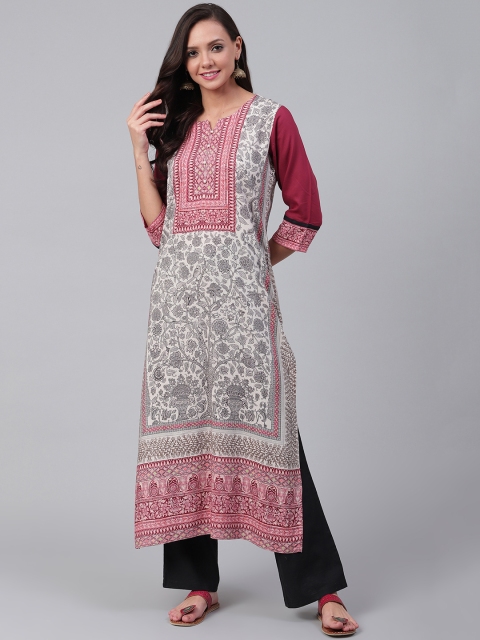 

Shree Women Off-White & Black Printed Liva Straight Kurta