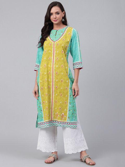 

Shree Women Green & Blue Printed Liva Straight Kurta