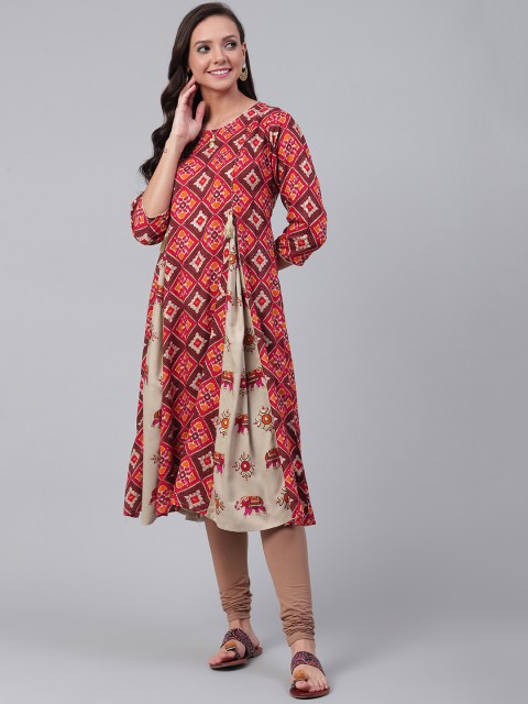 

Shree Women Red & Taupe Printed Liva A-Line Kurta