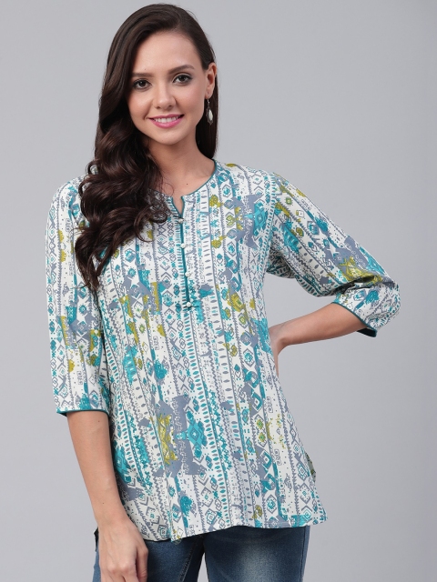 

Shree Women's Off-White & Blue Printed Liva Tunic