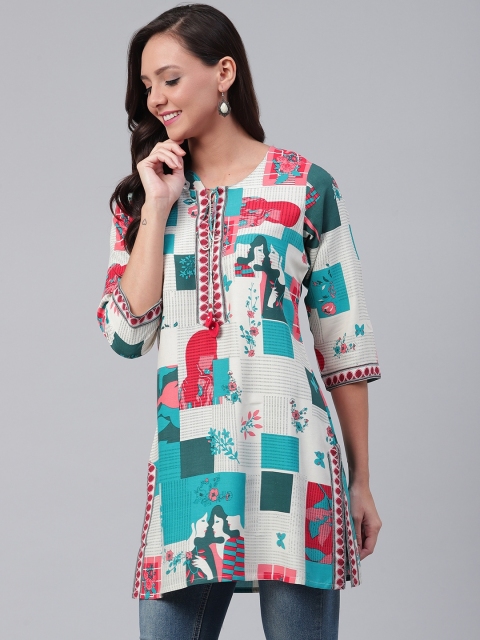 

Shree Women White & Blue Quirky Print Liva Straight Kurti