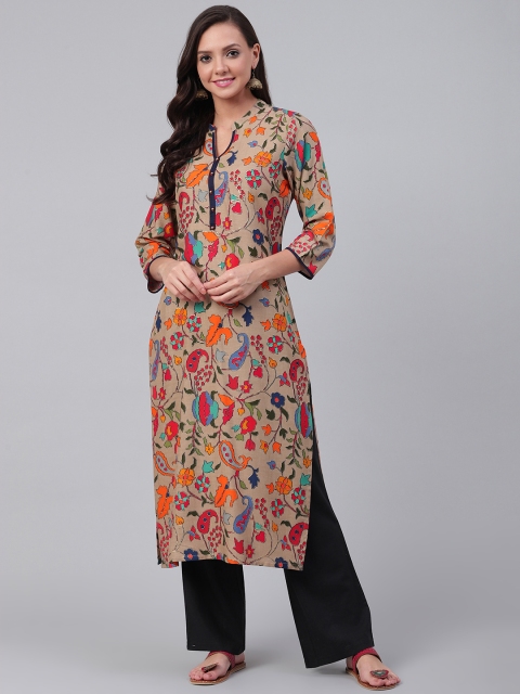 

Shree Women Taupe & Orange Printed Liva Straight Kurta