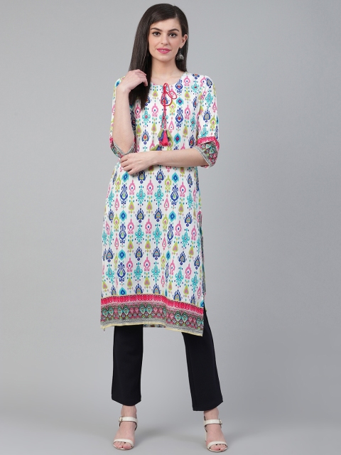 

Shree Women White & Blue Printed Straight Ikat Kurta