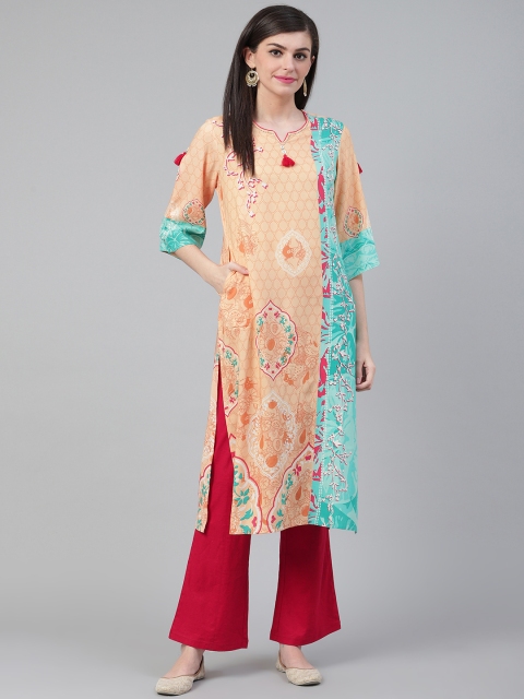

Shree Women Peach-Coloured & Sea Green Printed Straight Kurta