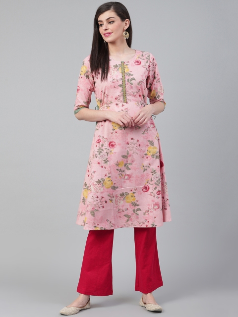 

Shree Women Pink & Green Floral Print A-Line Kurta