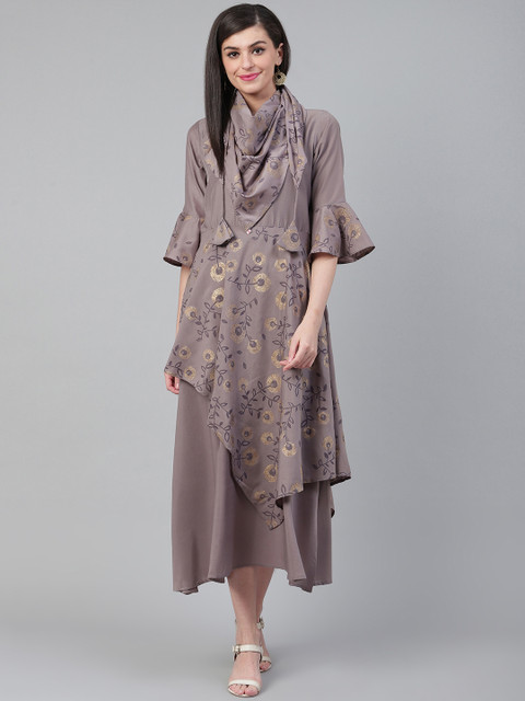 

Shree Women Taupe & Golden Printed Asymmetrical Hem Layered A-Line Dress with Stole