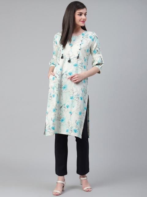 

Shree Women Off-White & Blue Floral Printed Straight Kurta