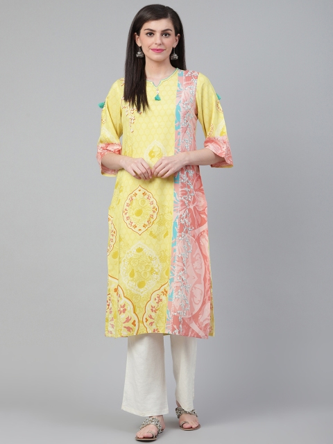 

Shree Women Yellow & Pink Printed Straight Kurta