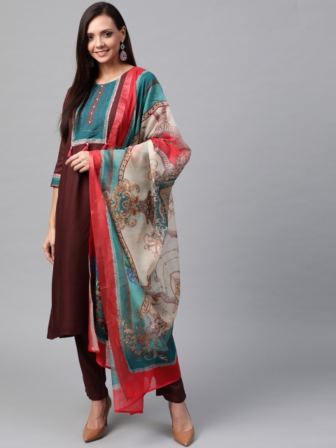 

Shree Women Coffee Brown Solid Kurta with Trousers & Dupatta