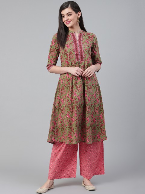 

Shree Women Olive Green & Pink Printed Kurta with Palazzos