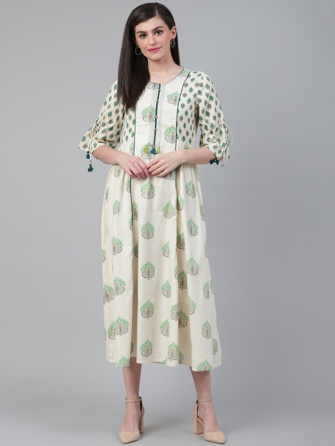 

Shree Women Beige & Green Printed A-Line Dress