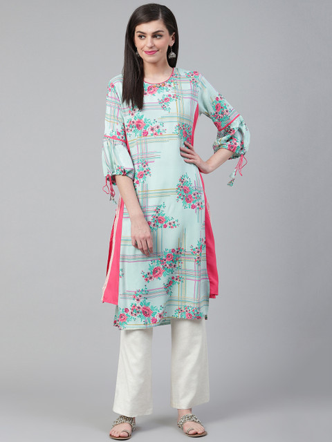 

Shree Women Blue & Pink Floral Printed Straight Kurta