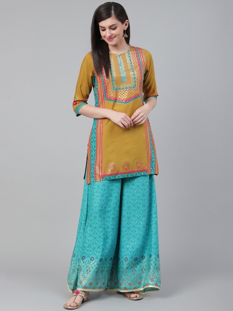 

Shree Women Mustard Brown & Blue Printed Kurta with Palazzos
