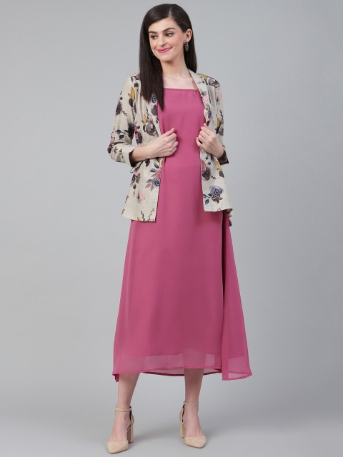 

Shree Women Pink & Grey Melange Printed A-Line Dress with Jacket