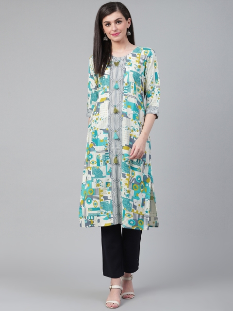 

Shree Women Off-White & Green Printed Straight Kurta