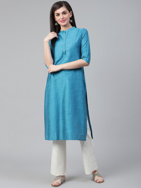 

Shree Women Blue Solid Satin Finish Straight Kurta