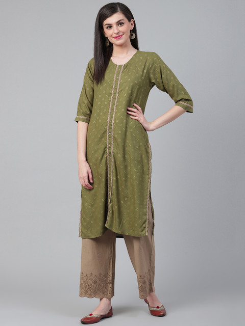 

Shree Women Olive Green & Golden Printed Straight Kurta