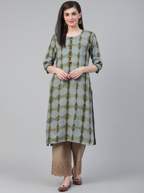 

Shree Women Olive Green & Grey Tie & Dyed Straight Kurta