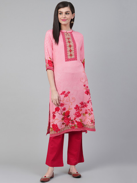 

Shree Women Pink & Red Floral Printed Straight Kurta